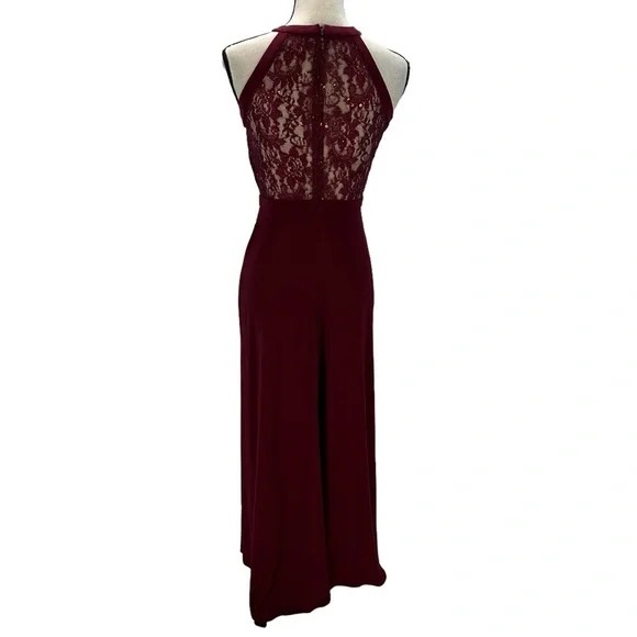 Nightway Sleeveless Halter Neck Sequin Lace Maxi Dress - Merlot Red - size 4P - Picture 4 of 12